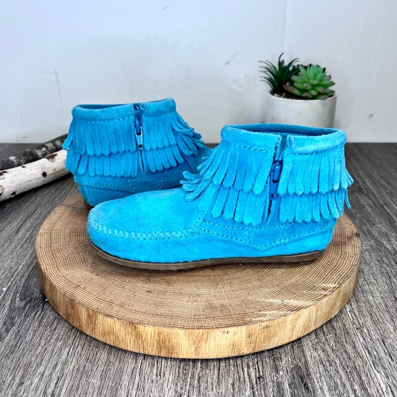 *Minnetonka | 244062 Kids' Double Fringe Side Zip Blue Boots Size 13 Toddler - Picture 8 of 16